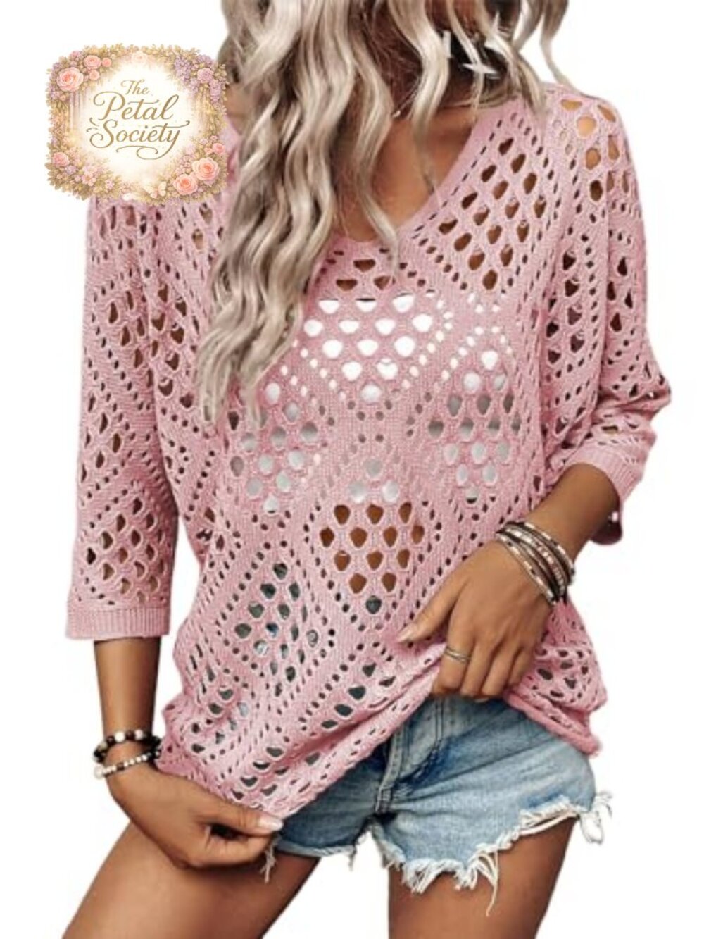 Womens Crochet Hollow Out Beach Cover Up Sweater V Neck 3/4 Sleeve Pullover